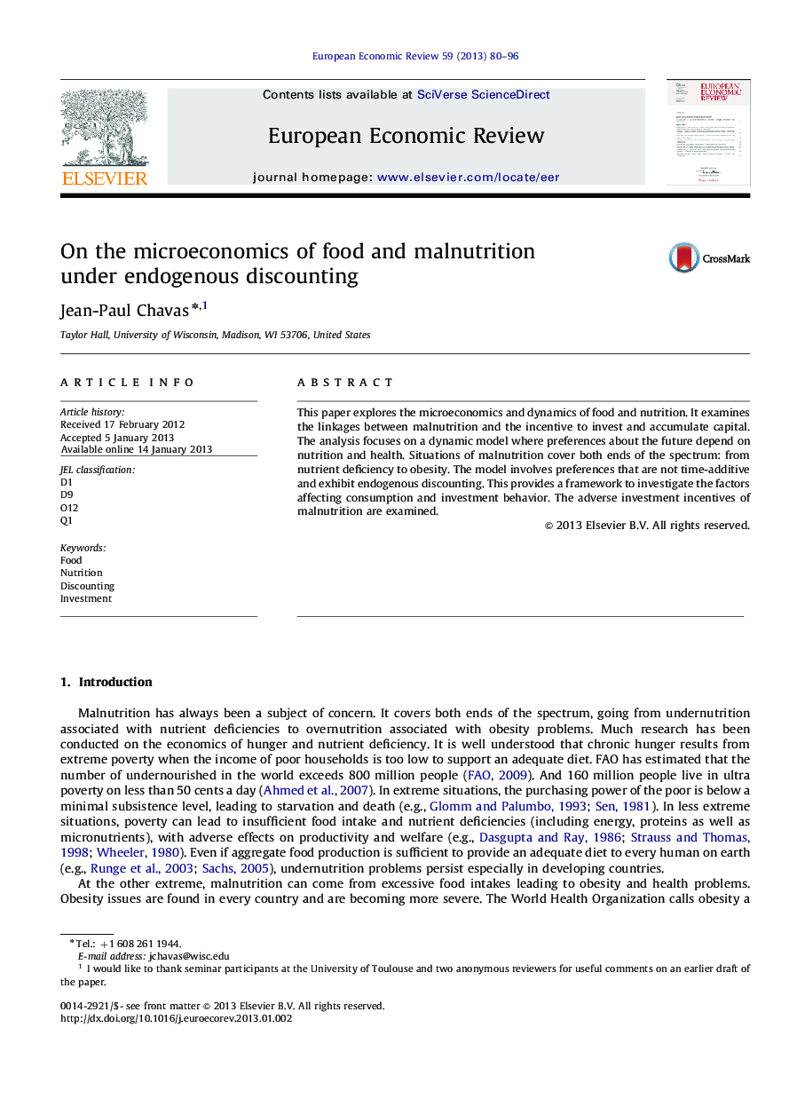 On the microeconomics of food and malnutrition under endogenous discounting