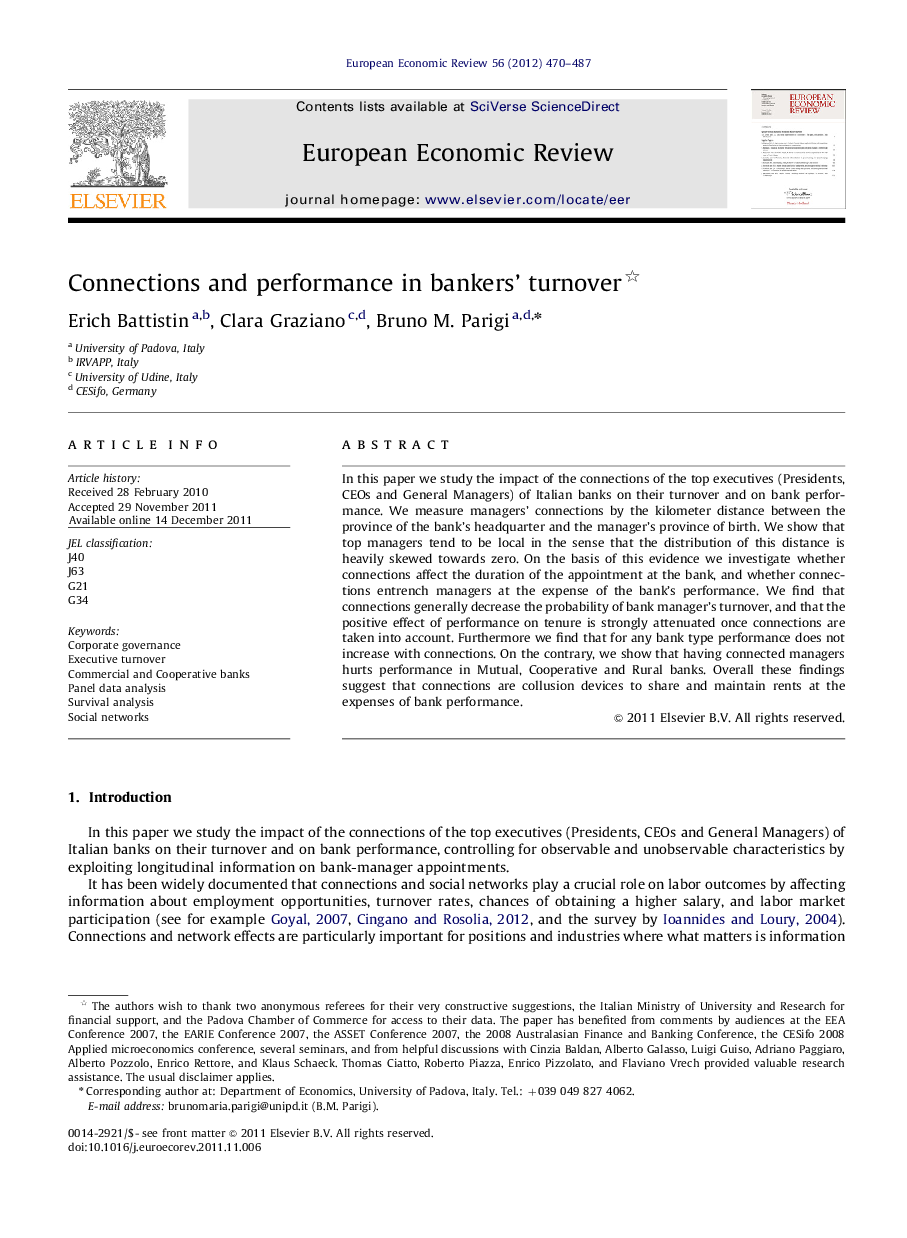 Connections and performance in bankers' turnover