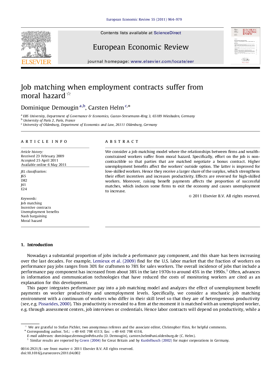 Job matching when employment contracts suffer from moral hazard