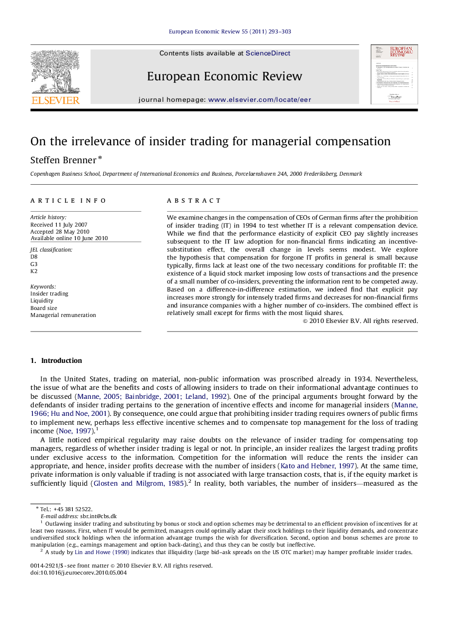 عکس صفحه اول مقاله: On the irrelevance of insider trading for managerial compensation On the irrelevance of insider trading for managerial compensation