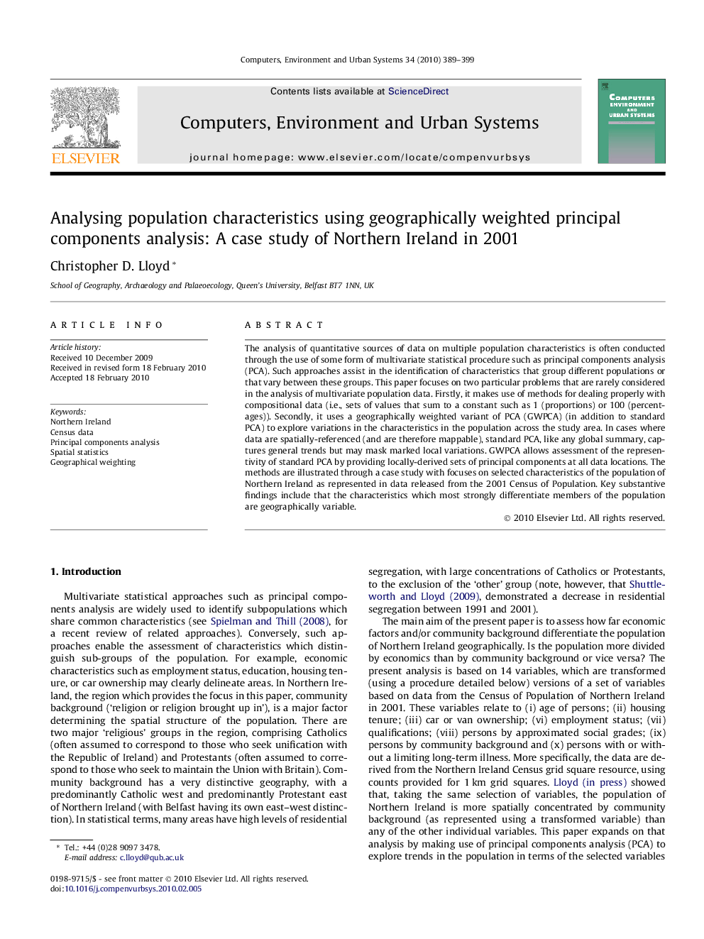 Analysing population characteristics using geographically weighted principal components analysis: A case study of Northern Ireland in 2001