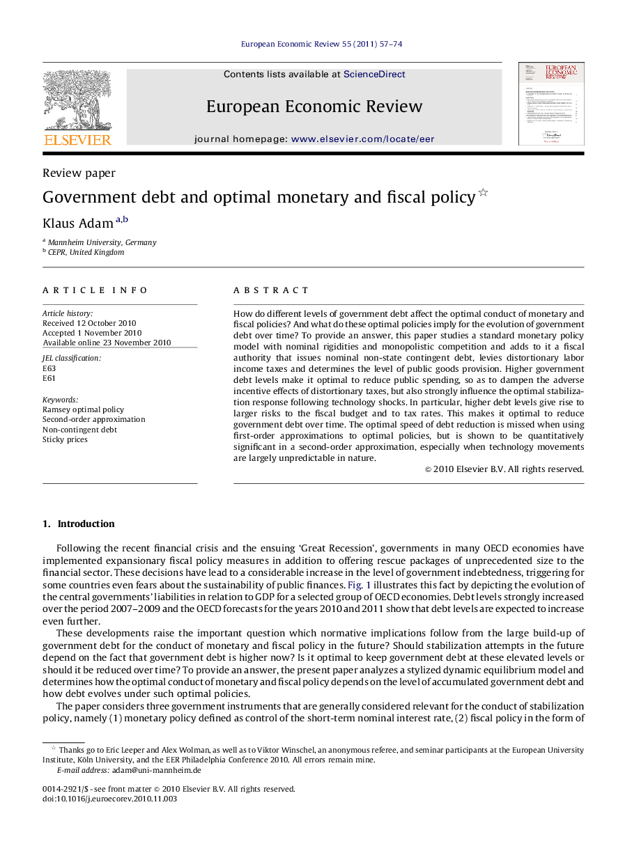 Government debt and optimal monetary and fiscal policy