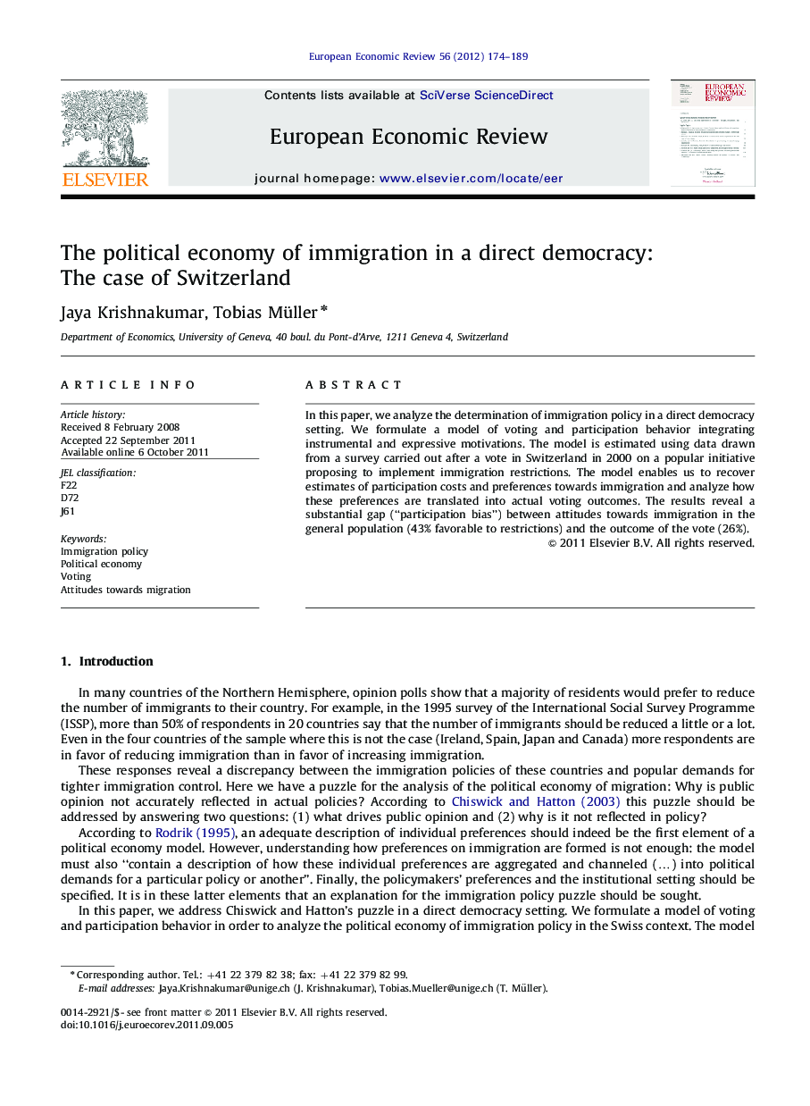 The political economy of immigration in a direct democracy: The case of Switzerland