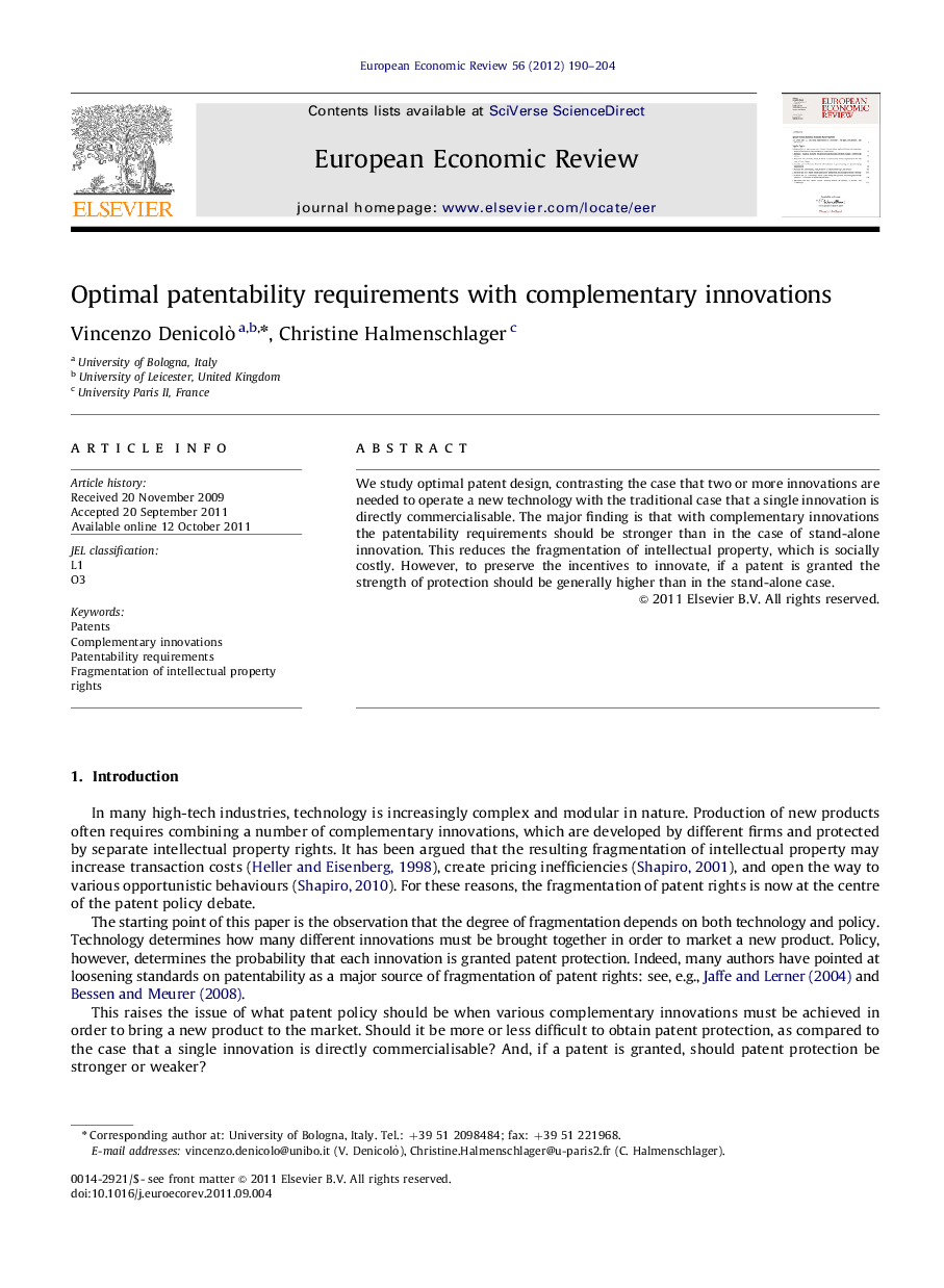 Optimal patentability requirements with complementary innovations