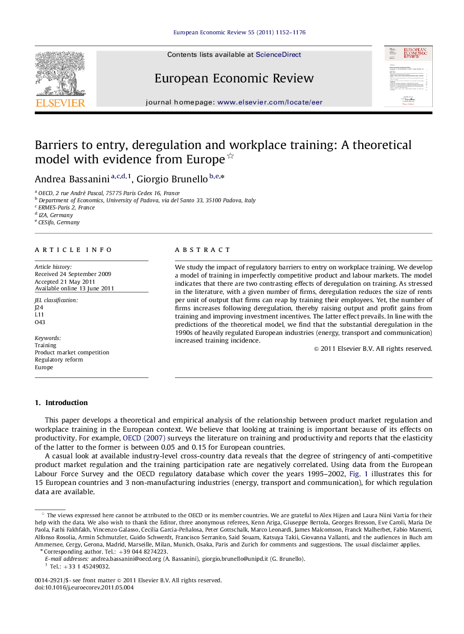 عکس صفحه اول مقاله: Barriers to entry, deregulation and workplace training: A theoretical model with evidence from Europe Barriers to entry, deregulation and workplace training: A theoretical model with evidence from Europe