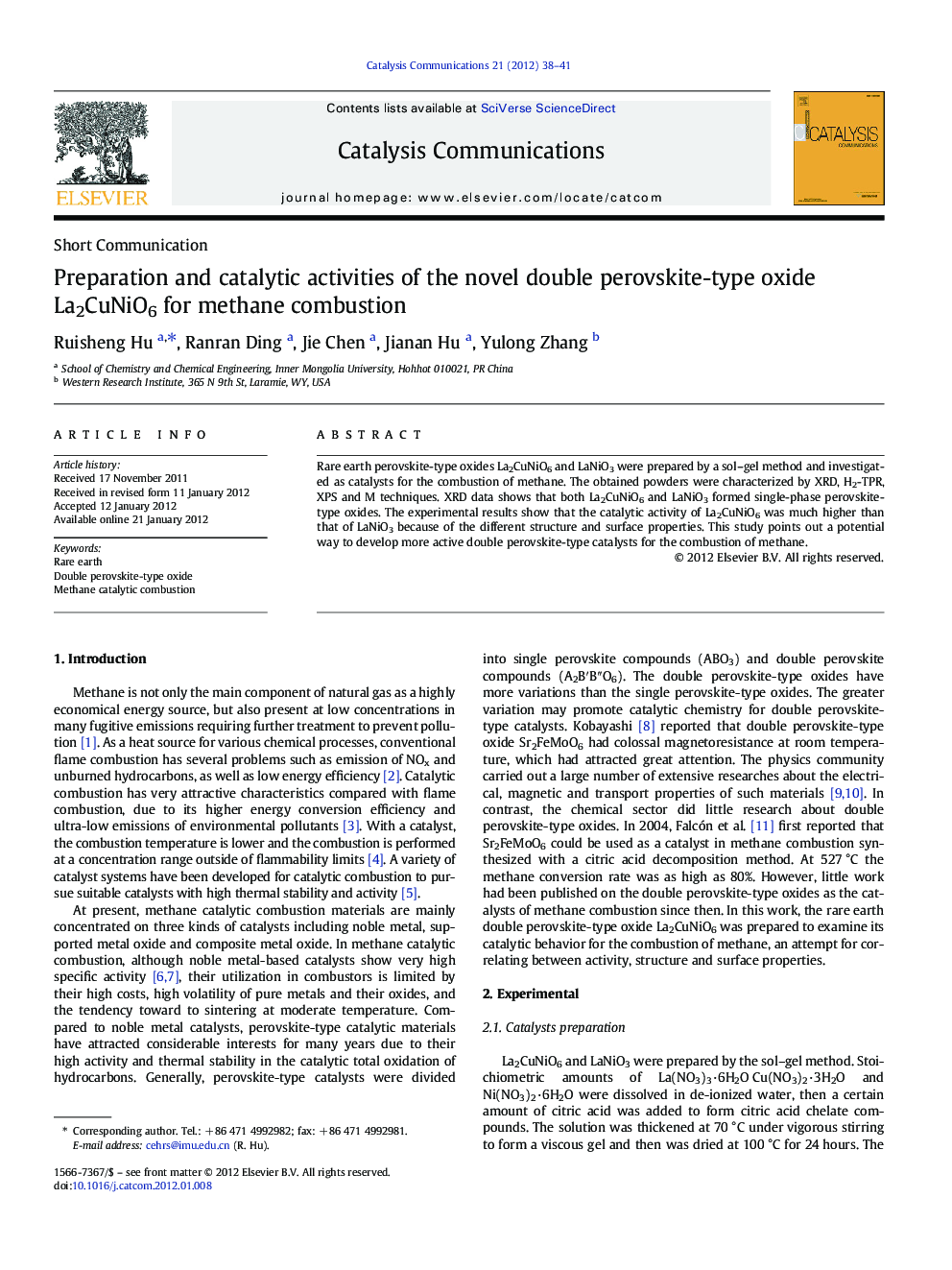 Preparation and catalytic activities of the novel double perovskite-type oxide La2CuNiO6 for methane combustion