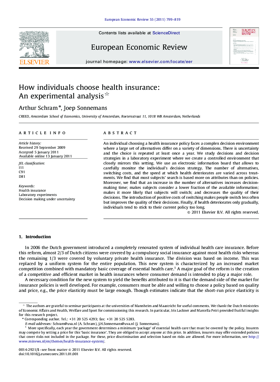 How individuals choose health insurance: An experimental analysis