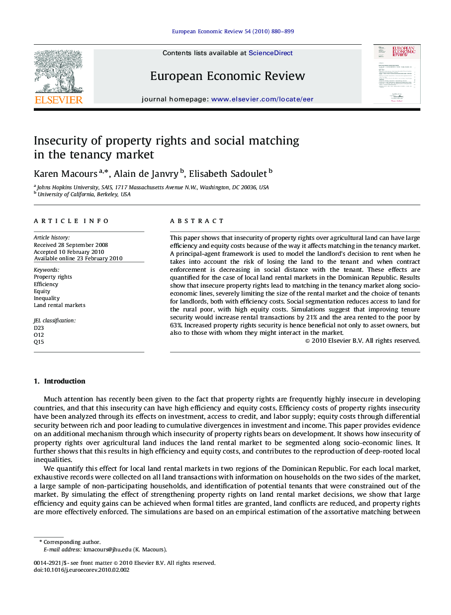 Insecurity of property rights and social matching in the tenancy market