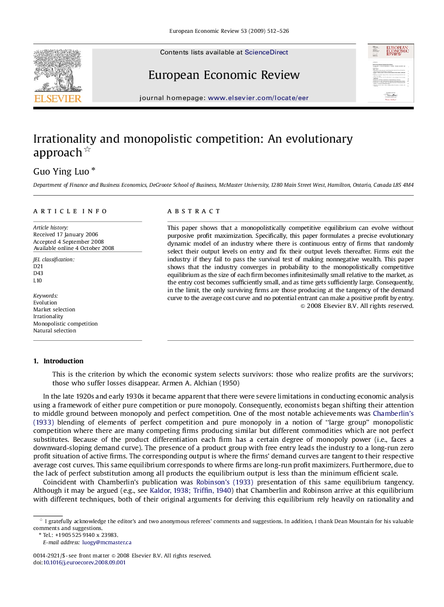 Irrationality and monopolistic competition: An evolutionary approach