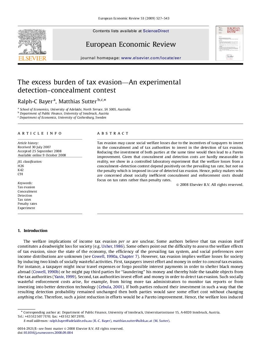 The excess burden of tax evasion-An experimental detection-concealment contest