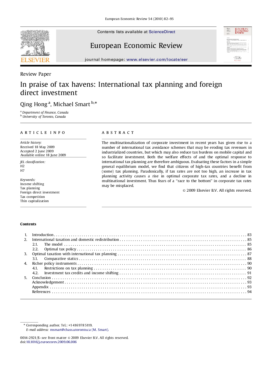 Review PaperIn praise of tax havens: International tax planning and foreign direct investment