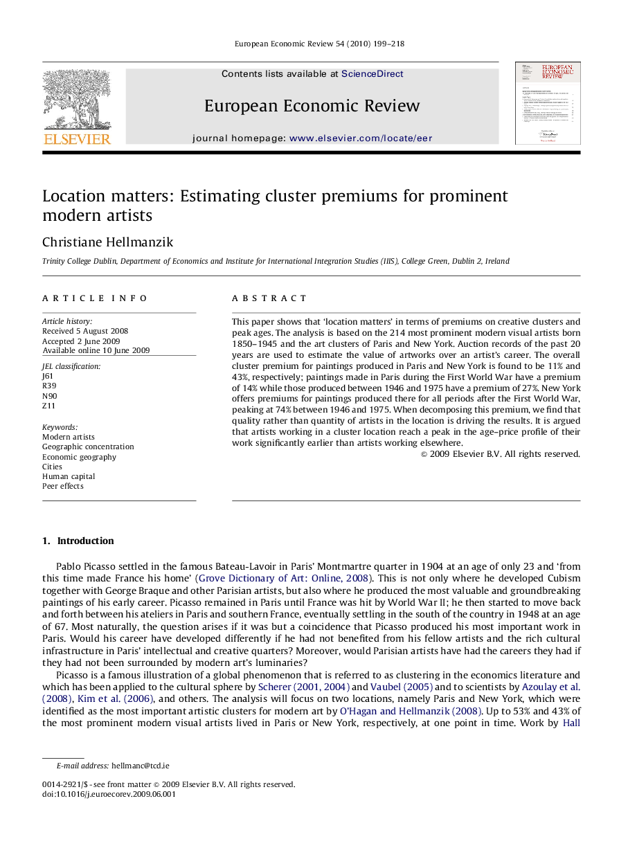 Location matters: Estimating cluster premiums for prominent modern artists