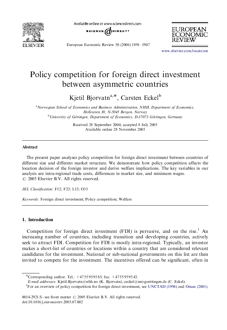 Policy competition for foreign direct investment between asymmetric countries