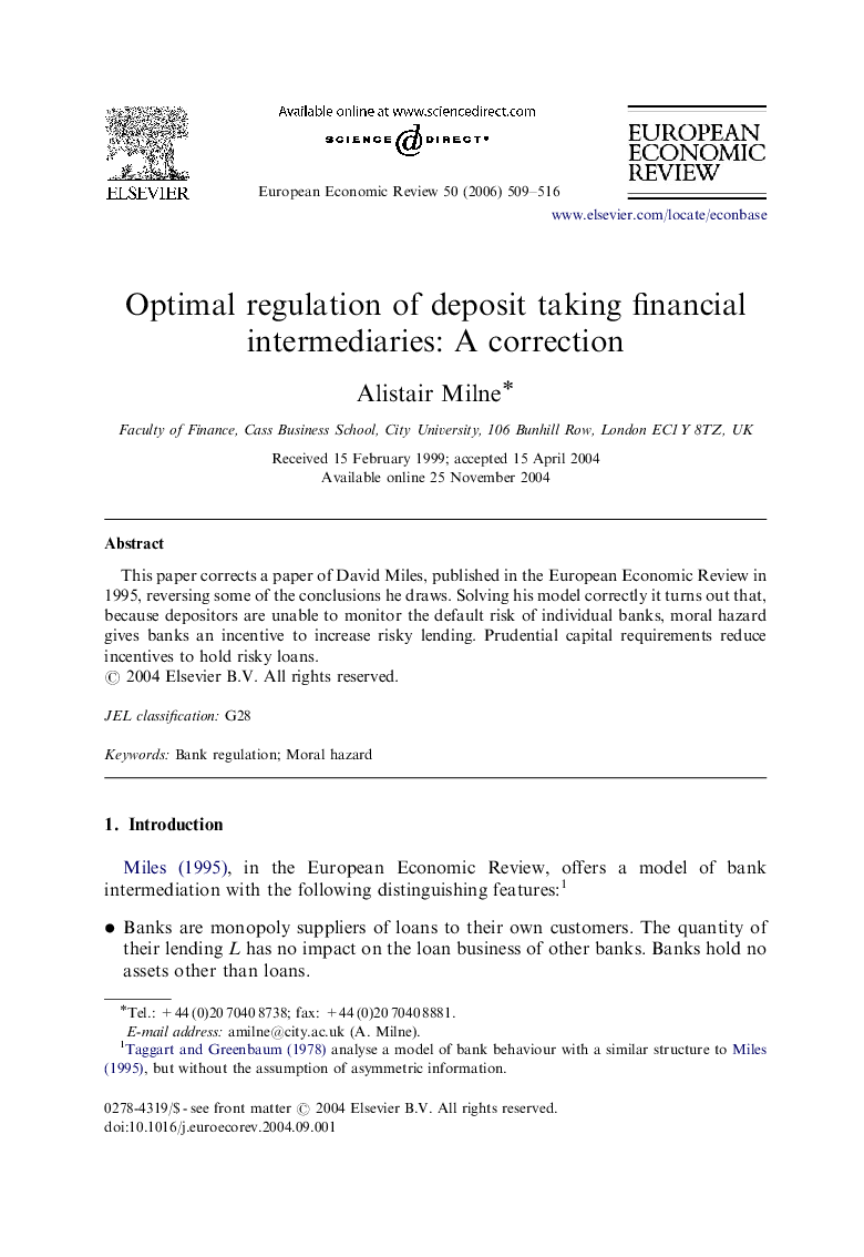 Optimal regulation of deposit taking financial intermediaries: A correction