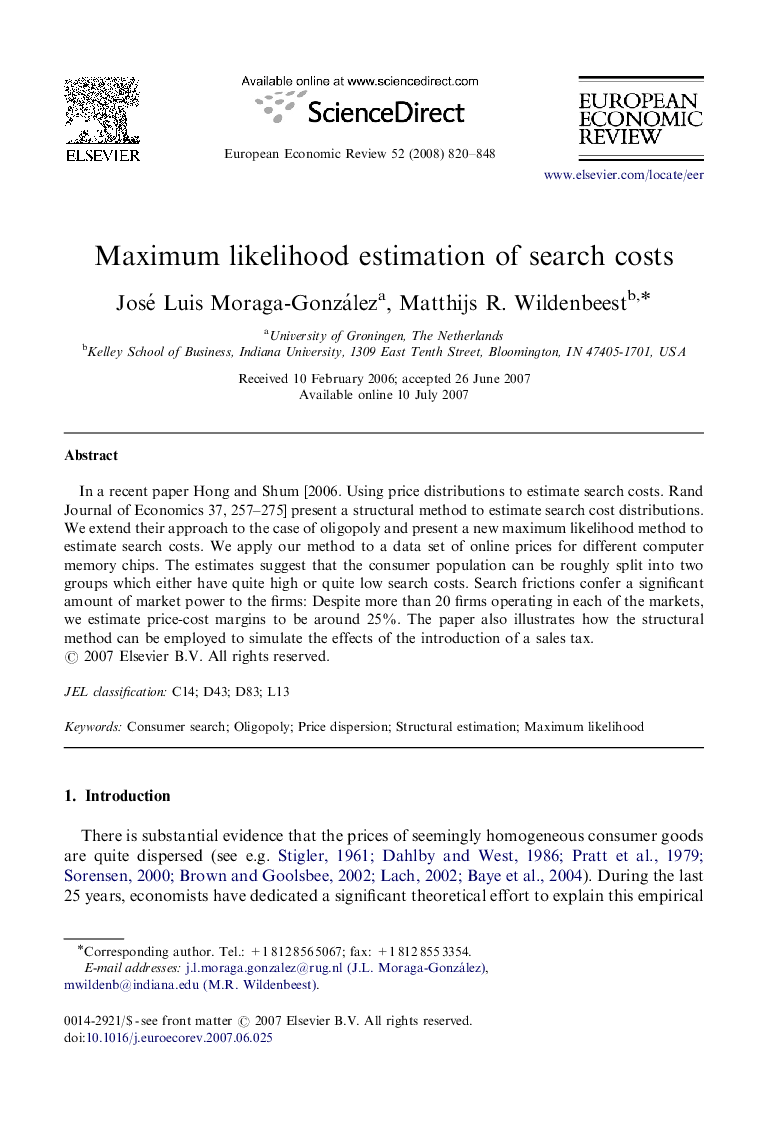 Maximum likelihood estimation of search costs