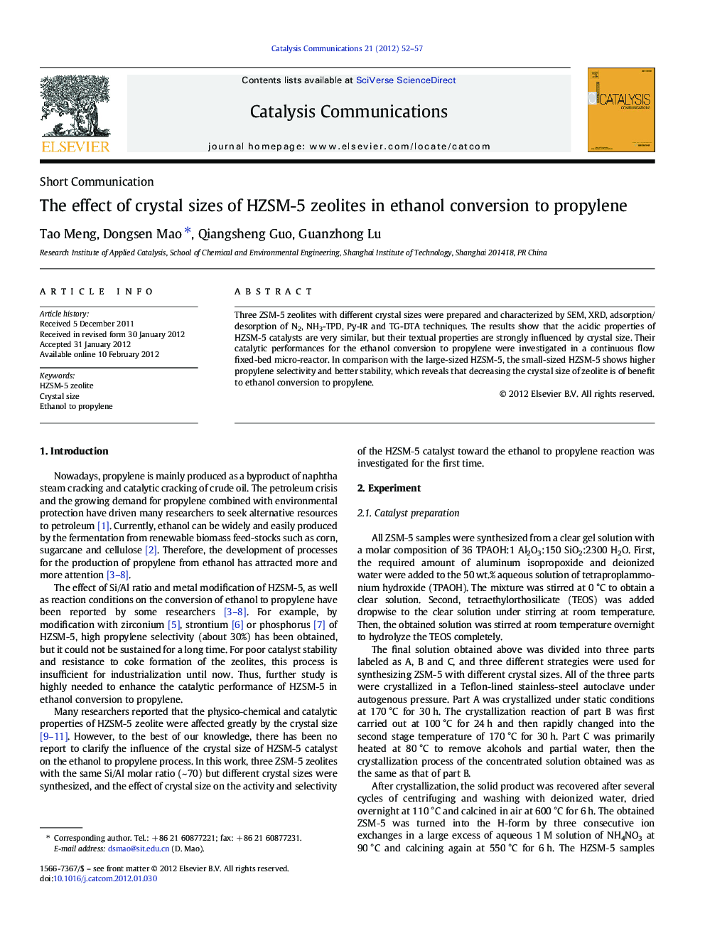 The effect of crystal sizes of HZSM-5 zeolites in ethanol conversion to propylene