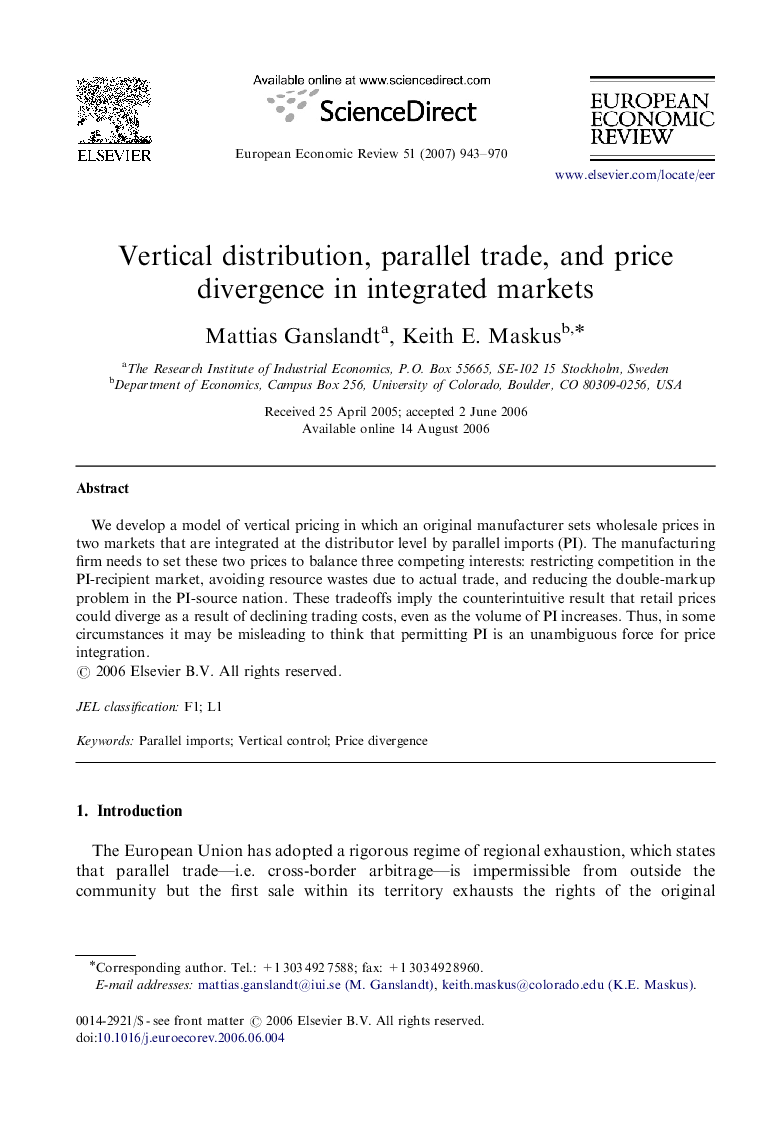 Vertical distribution, parallel trade, and price divergence in integrated markets