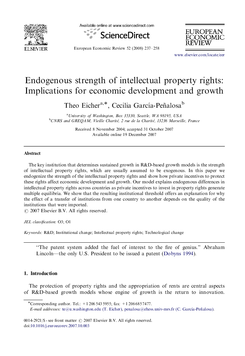 Endogenous strength of intellectual property rights: Implications for economic development and growth