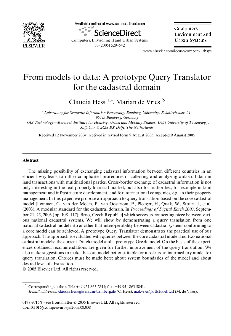 From models to data: A prototype Query Translator for the cadastral domain