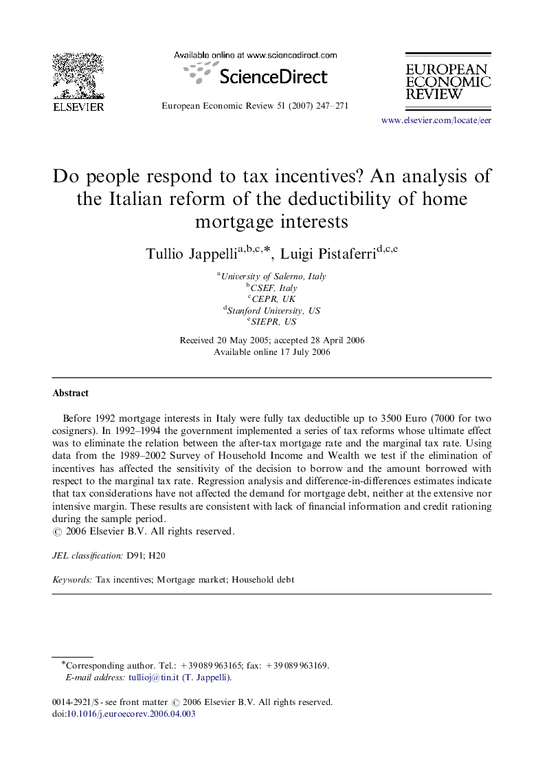 Do people respond to tax incentives? An analysis of the Italian reform of the deductibility of home mortgage interests