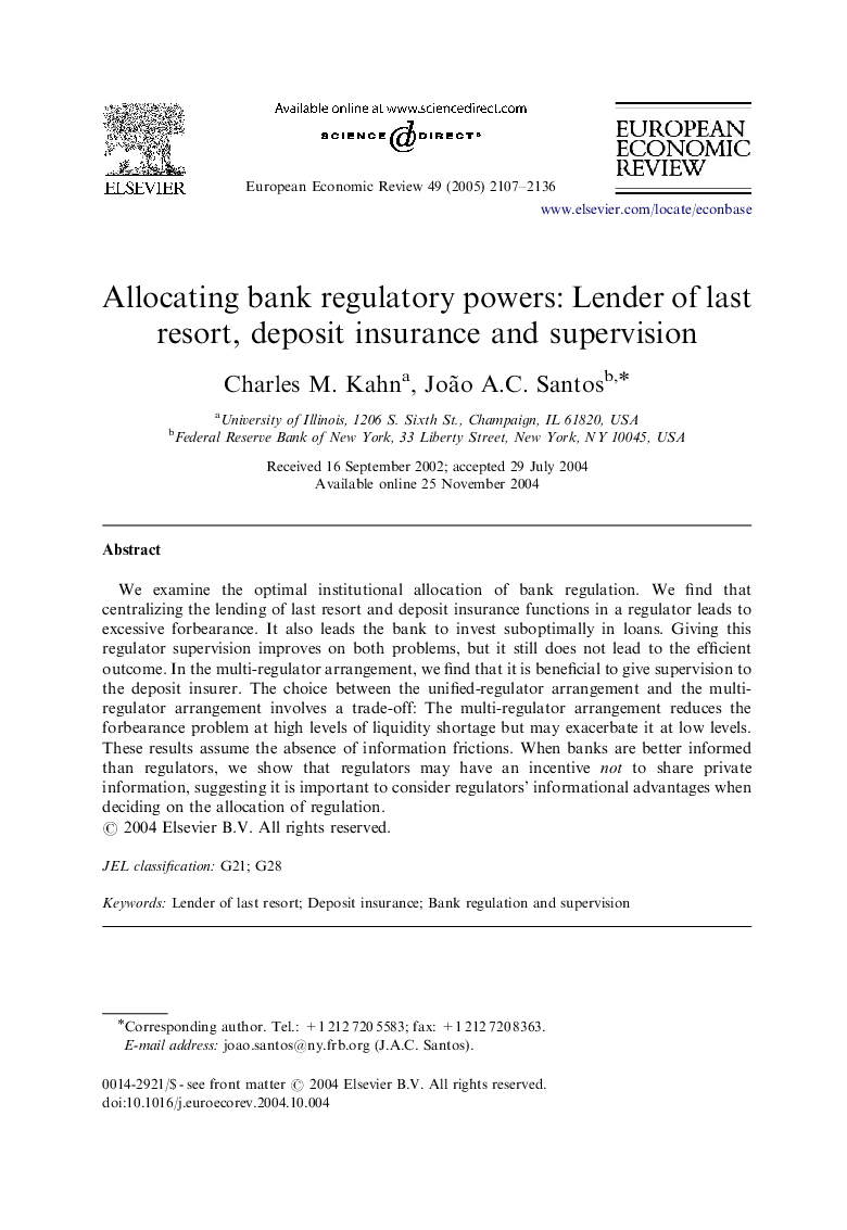 Allocating bank regulatory powers: Lender of last resort, deposit insurance and supervision