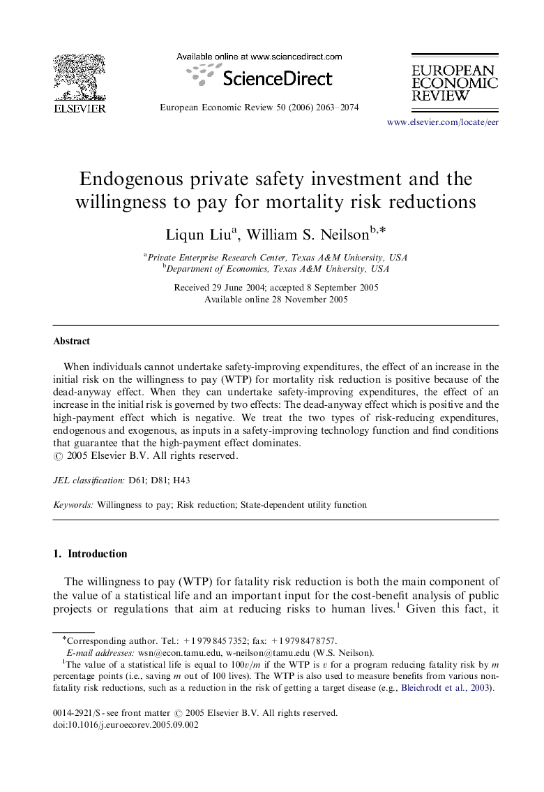 Endogenous private safety investment and the willingness to pay for mortality risk reductions