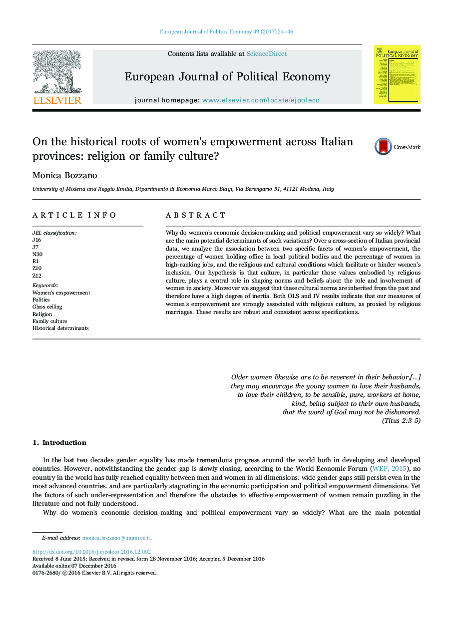 On the historical roots of women's empowerment across Italian provinces: religion or family culture?