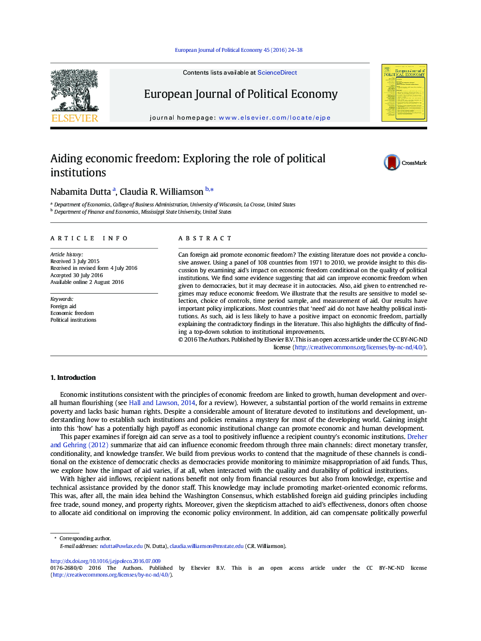Aiding economic freedom: Exploring the role of political institutions