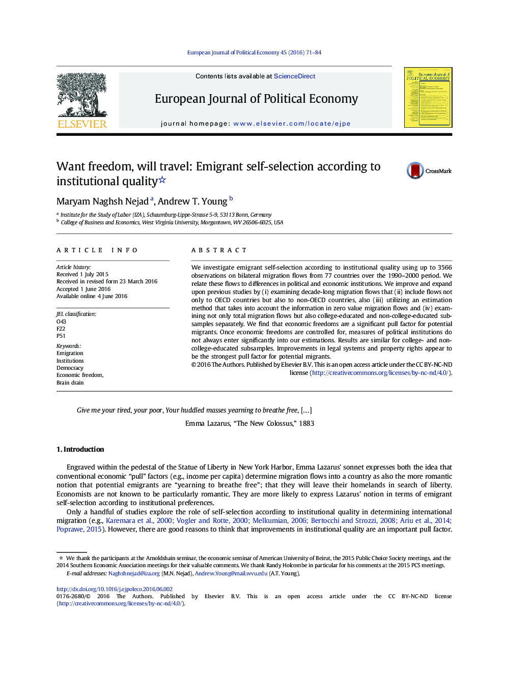 Want freedom, will travel: Emigrant self-selection according to institutional quality