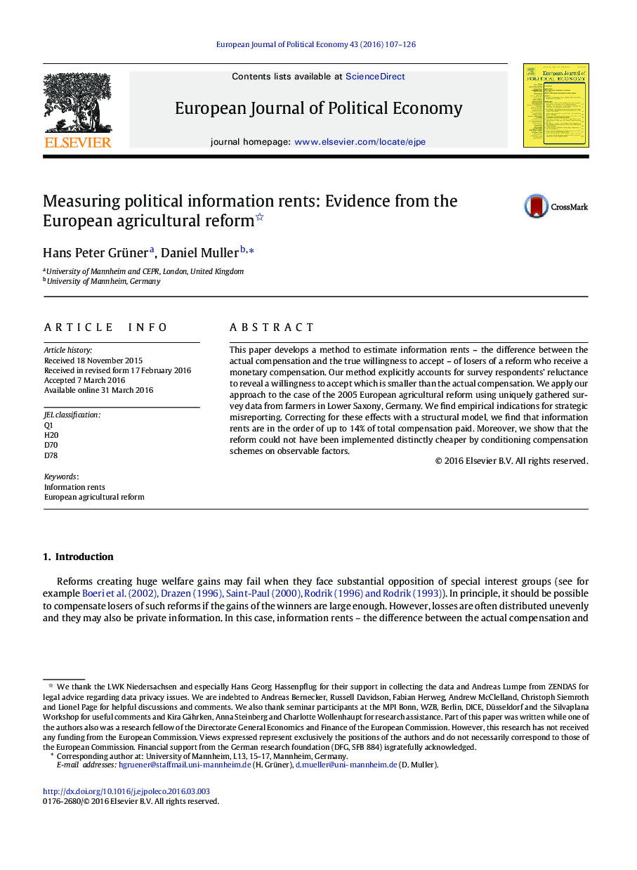 برآورد هزینه های اطلاعات سیاسی: شواهد حاصل از اصلاحات کشاورزی اروپا 