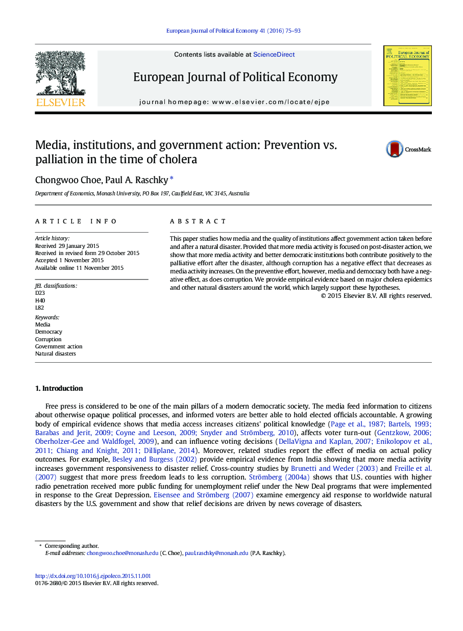 Media, institutions, and government action: Prevention vs. palliation in the time of cholera