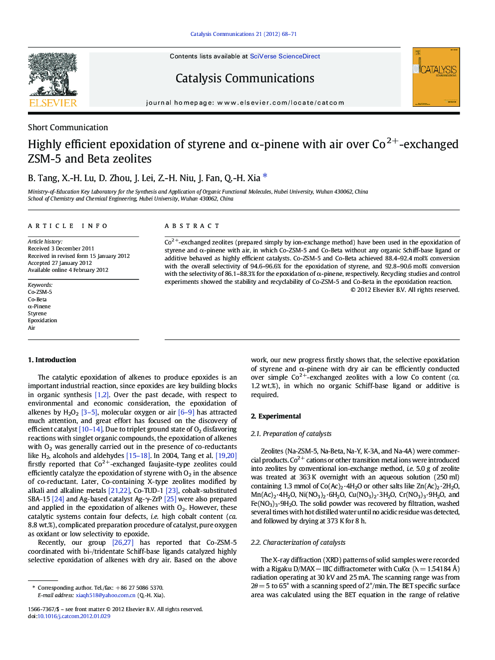 Highly efficient epoxidation of styrene and α-pinene with air over Co2+-exchanged ZSM-5 and Beta zeolites