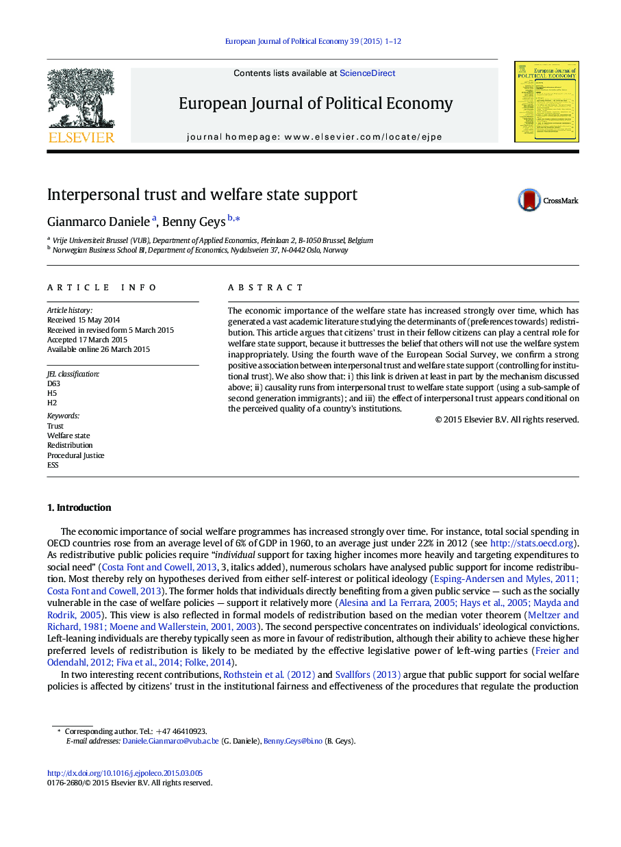 Interpersonal trust and welfare state support