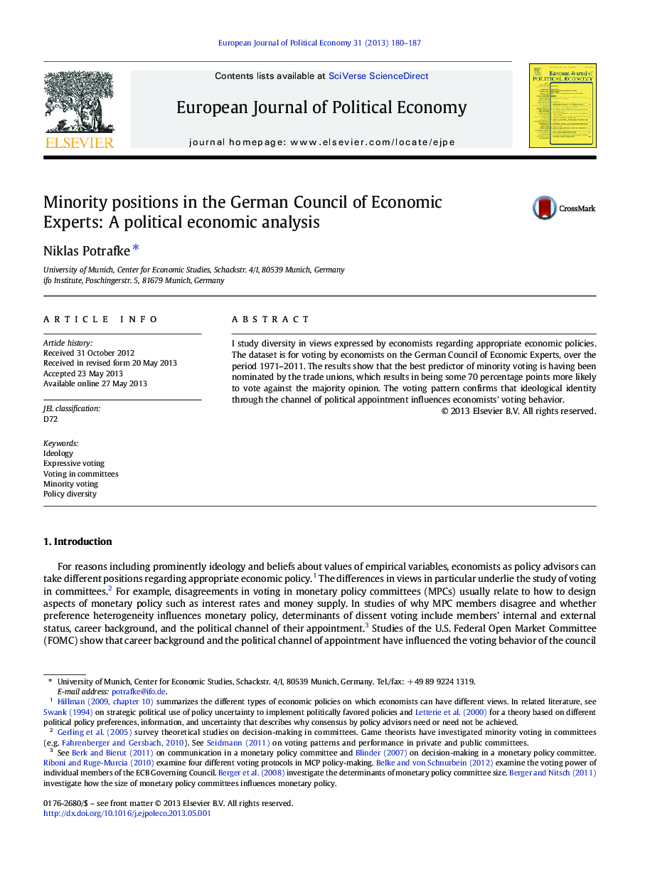 Minority positions in the German Council of Economic Experts: A political economic analysis
