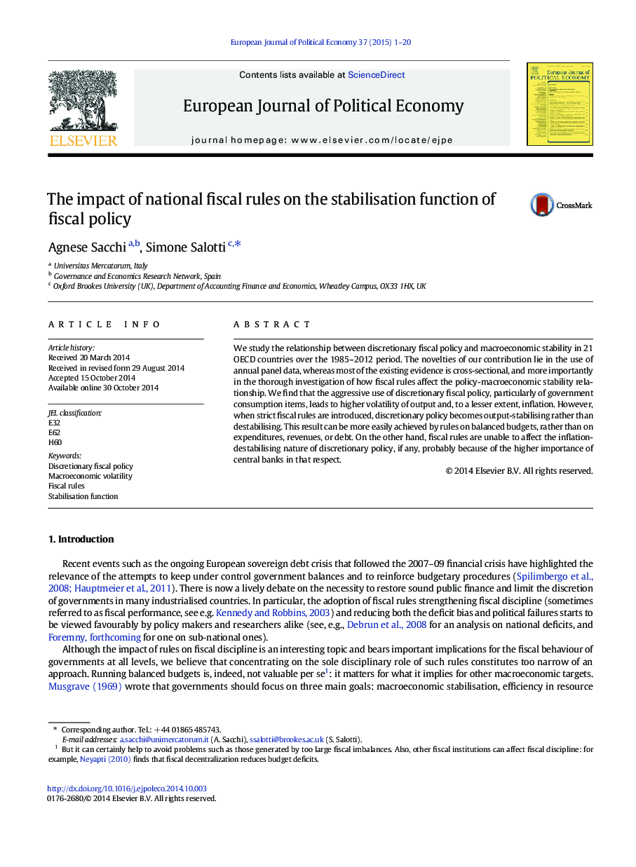 The impact of national fiscal rules on the stabilisation function of fiscal policy
