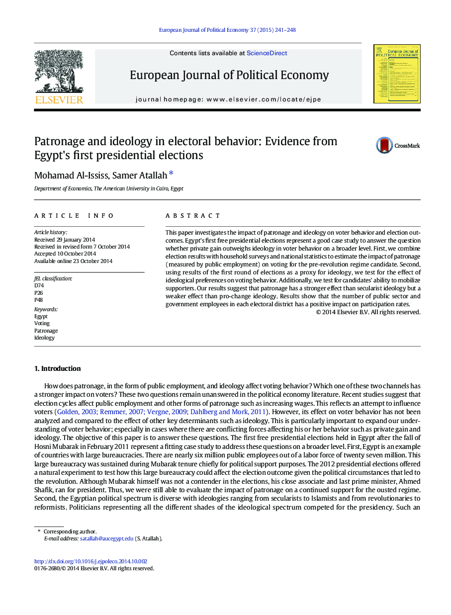 Patronage and ideology in electoral behavior: Evidence from Egypt's first presidential elections