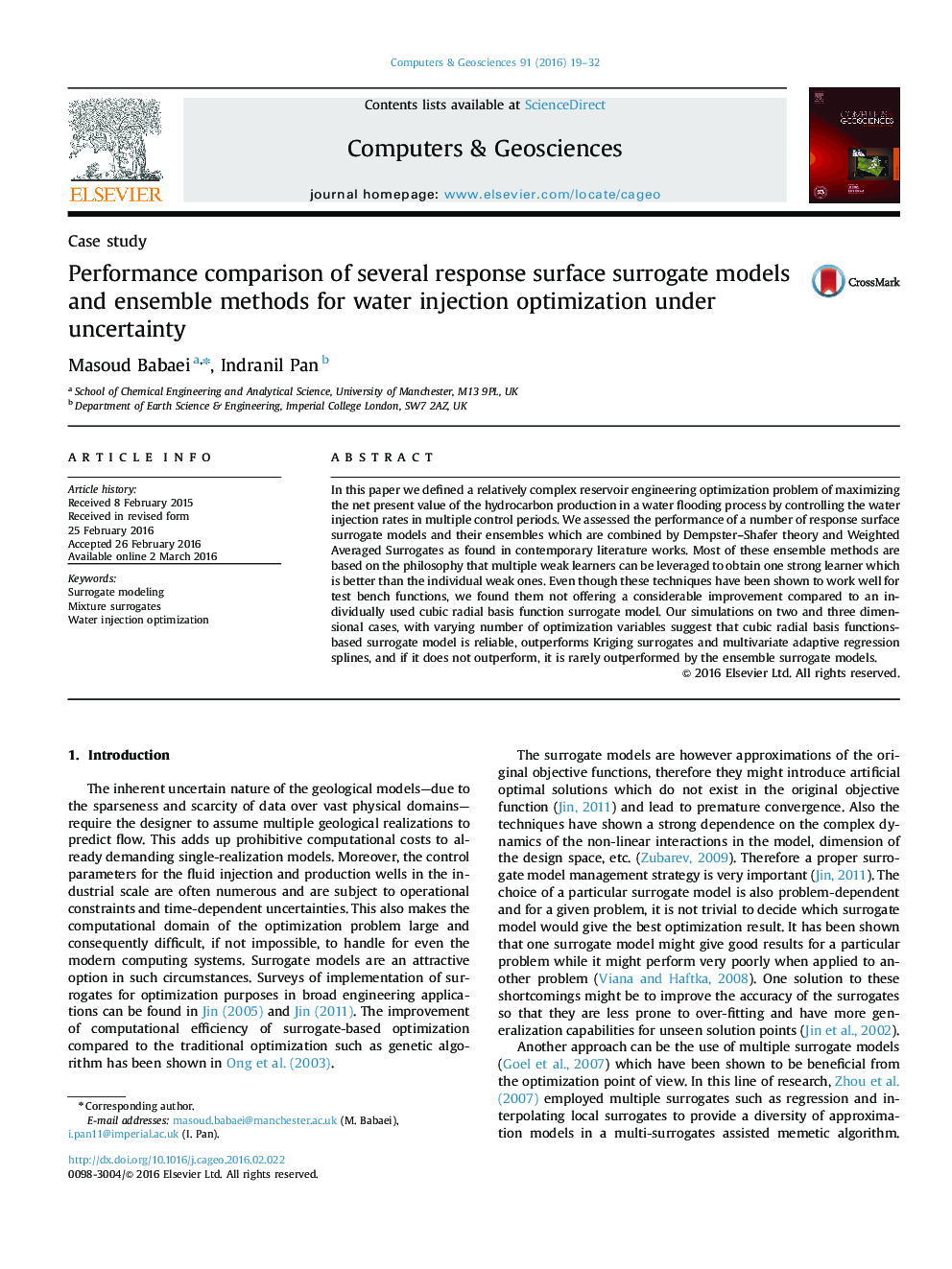 Performance comparison of several response surface surrogate models and ensemble methods for water injection optimization under uncertainty