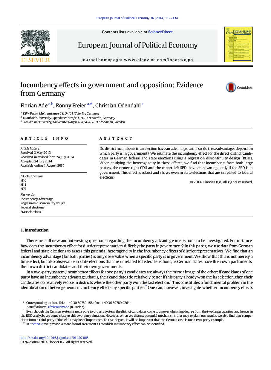 Incumbency effects in government and opposition: Evidence from Germany