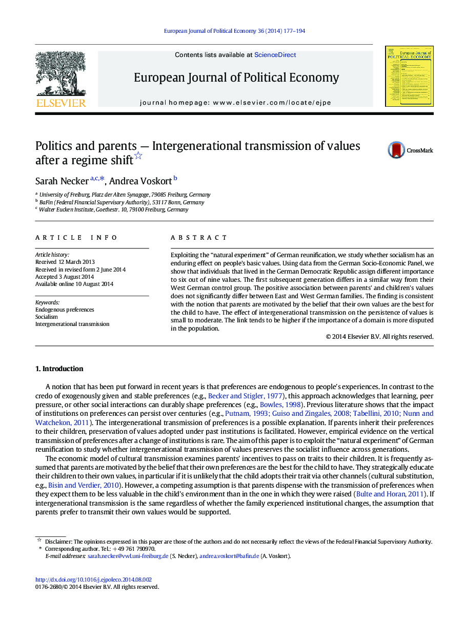 Politics and parents - Intergenerational transmission of values after a regime shift