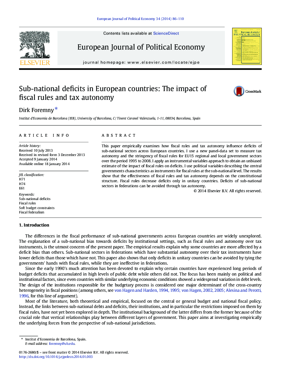 Sub-national deficits in European countries: The impact of fiscal rules and tax autonomy