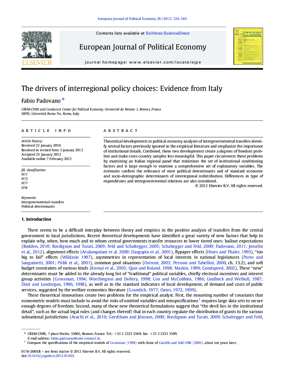 The drivers of interregional policy choices: Evidence from Italy