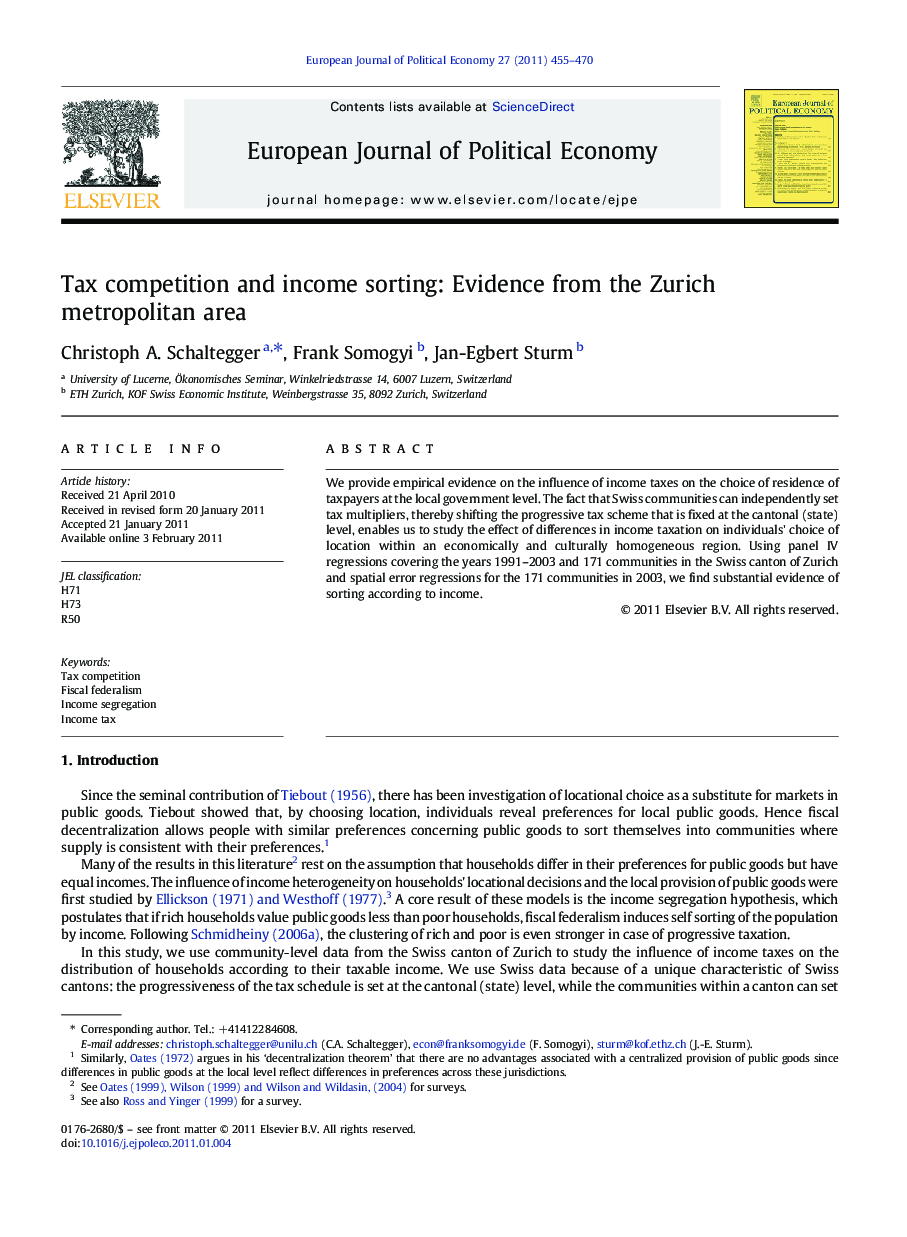 Tax competition and income sorting: Evidence from the Zurich metropolitan area