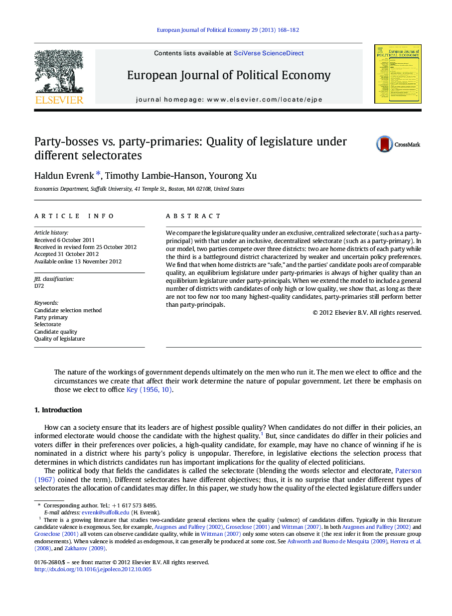 Party-bosses vs. party-primaries: Quality of legislature under different selectorates
