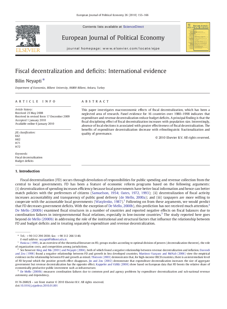 Fiscal decentralization and deficits: International evidence