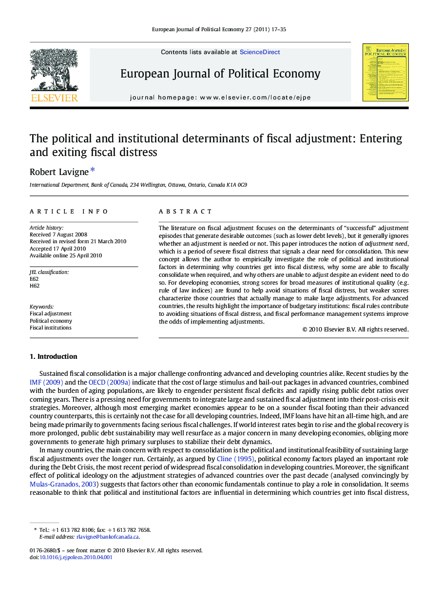 The political and institutional determinants of fiscal adjustment: Entering and exiting fiscal distress