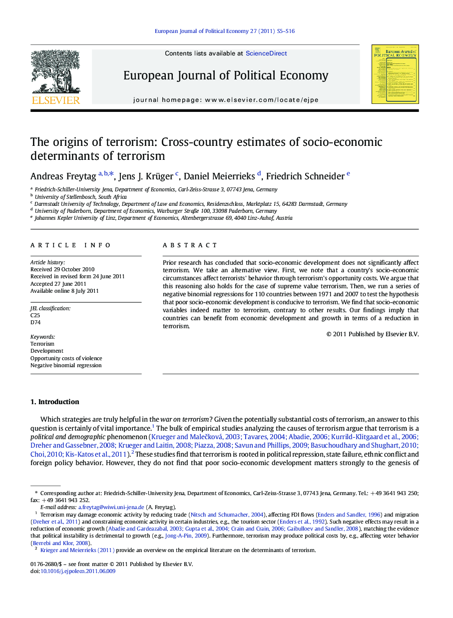 The origins of terrorism: Cross-country estimates of socio-economic determinants of terrorism