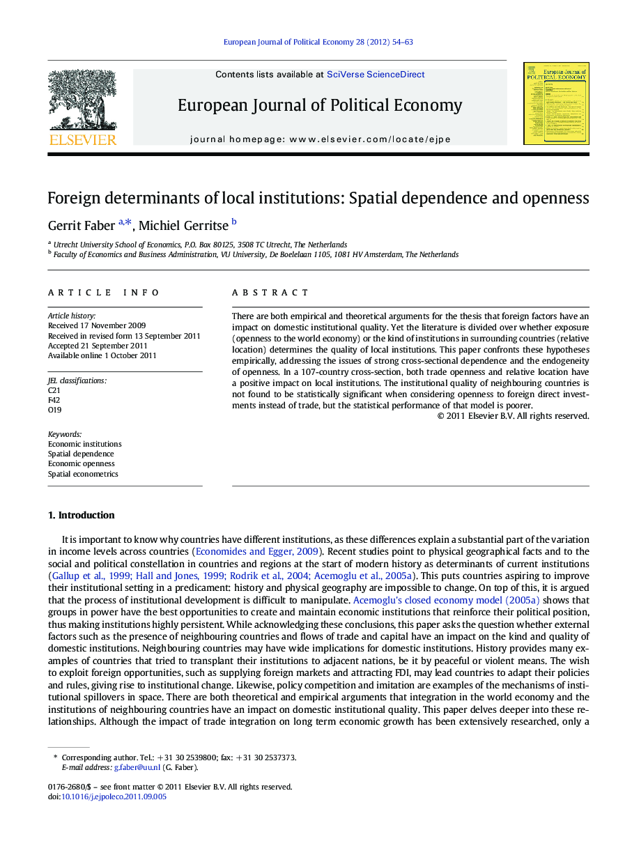 Foreign determinants of local institutions: Spatial dependence and openness