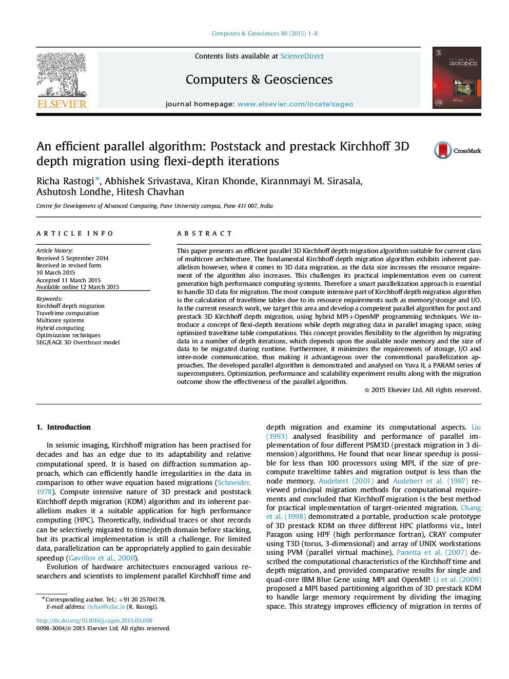 An efficient parallel algorithm: Poststack and prestack Kirchhoff 3D depth migration using flexi-depth iterations