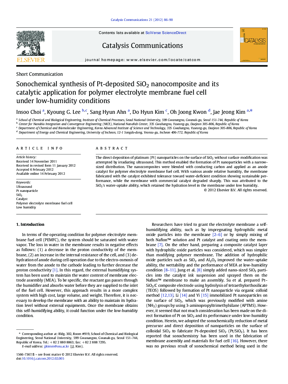 Sonochemical synthesis of Pt-deposited SiO2 nanocomposite and its catalytic application for polymer electrolyte membrane fuel cell under low-humidity conditions