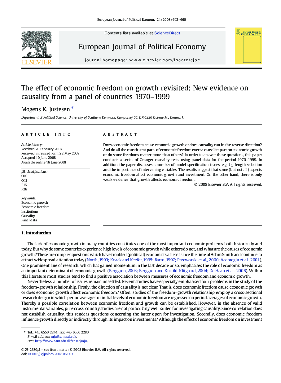 The effect of economic freedom on growth revisited: New evidence on causality from a panel of countries 1970-1999